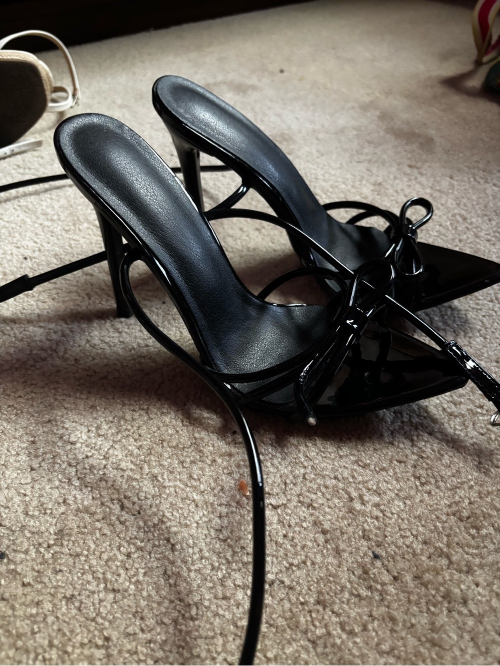 Black Patent Pointed-Toe Bow Stiletto Mules - Womens